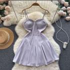 Suspender Plain Open-back Pleated A-line Dress