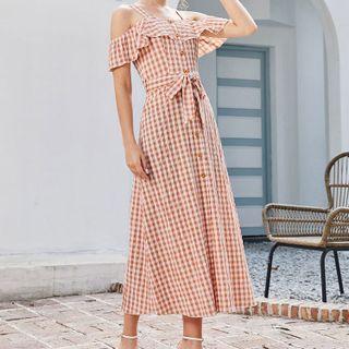 Plaid Cloud-shoulder Short-sleeve Maxi A-line Dress
