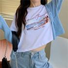 Short Sleeved Printed T-shirt Cropped Top White - One Size