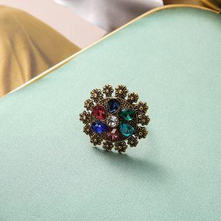 Flower Rhinestone Alloy Open Ring 1pc - Gold & Red & Blue - One Size