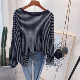 Long-sleeve Embroidered Smiley Face Striped T-shirt Black - One Size