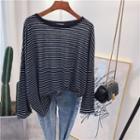 Long-sleeve Embroidered Smiley Face Striped T-shirt Black - One Size