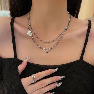 Heart Rhinestone Layered Stainless Steel Necklace X933 - Silver - One Size