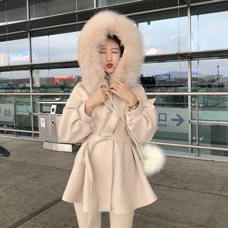 Furry-trim Tie-waist Hooded Jacket