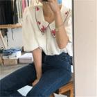 Elbow-sleeve Floral Embroidery Blouse