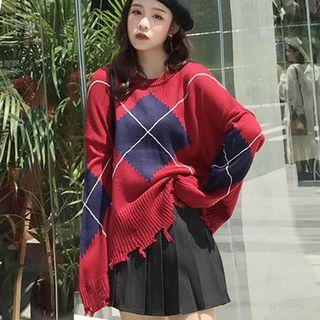 Ripped Argyle Sweater / Pleated Mini Skirt