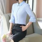 Set: Pencil Skirt / Dress Pants + 3/4-sleeve Striped Shirt