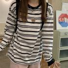 Long-sleeve Bear Print Striped T-shirt