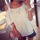 Elbow-sleeve Cold Shoulder Chiffon Blouse White - One Size