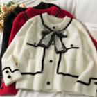 Contrasted Ribbon-accent Knit Cardigan