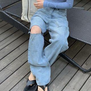 High-waist Distressed Wide-leg Jeans / Long-sleeve Cropped T-shirt