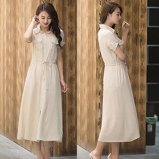 Short-sleeve Drawstring-waist Midi Dress