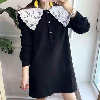 Collared Long-sleeve Mini Dress Black - One Size
