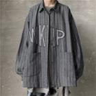 Long Sleeve Striped Snap Button Jacket With Lettering