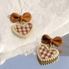 Bow Plaid Heart Dangle Earring 1 Pair - C-141 - Brown - One Size