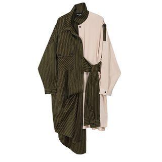 Pinstriped Panel Long-sleeve Shirt Dress Army Green & Almond - One Size
