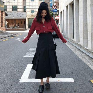 Set: V-neck Blouse + Irregular Hem Midi A-line Skirt