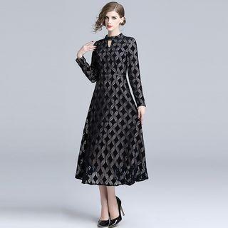 Long-sleeve Geometric Lace Midi A-line Dress