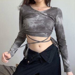 Long-sleeve Tie-dye Drawcord Crop Top