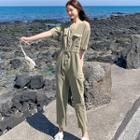 Drawstring Waist Short Sleeve Cargo Jumpsuit