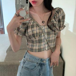 Puff-sleeve Plaid Cropped Blouse / Wide Leg Jeans