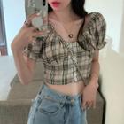 Puff-sleeve Plaid Cropped Blouse / Wide Leg Jeans