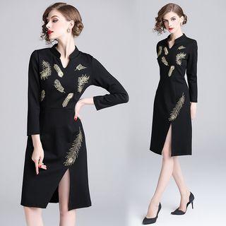 Feather Embroidered 3/4-sleeve A-line Dress