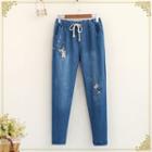 Cat Embroidered Drawstring Jeans