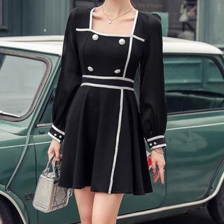 Long-sleeve Square-neck Panel Chiffon Dress