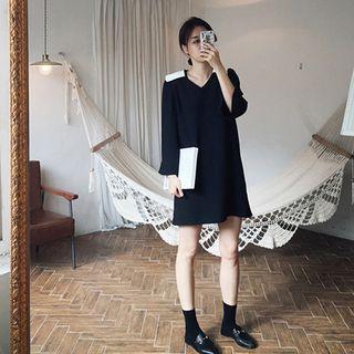 Color Panel Long Sleeve Chiffon Dress
