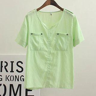 V-neck Short-sleeve Linen Cotton Top