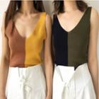 Color-block Slim-fit V-neck Knit Camisole Top
