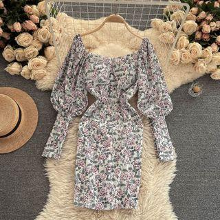 Long-sleeve Floral Sheath Dress White - One Size