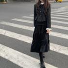 Long-sleeve Tweed Lace Trim Jacket / Velvet Midi Skirt