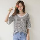 V-neck Lace-edge Stripe T-shirt