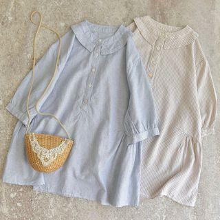 Elbow-sleeve Peter Pan-collar Striped Blouse