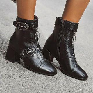 Faux Leather Block-heel Buckled Zip Ankle Boots