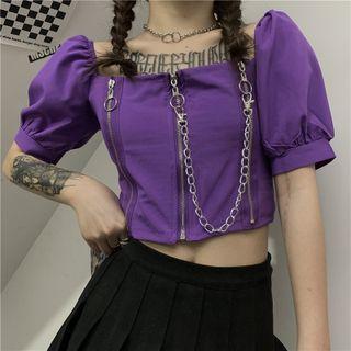 Puff-sleeve Square-neck Zip Cropped T-shirt
