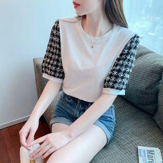 Short-sleeve Faux Pearl Argyle Embroidered Blouse