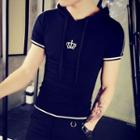 Crown Embroidered Short-sleeve Hooded T-shirt