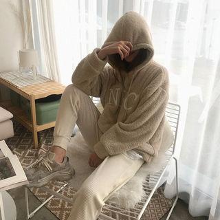 Nyc Letter Fleece Hoodie Beige - One Size