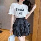 Short-sleeve Lettering T-shirt / Tiered Mini Skirt