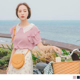 Lace Collared Ruffle Trim Short-sleeve Chiffon Top