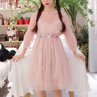 3/4-sleeve Embroidered Mesh Dress