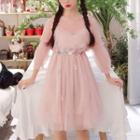 3/4-sleeve Embroidered Mesh Dress