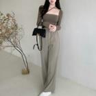 Long Sleeve Square-neck Crop Top / High Waist Drawstring Wide Leg Pants