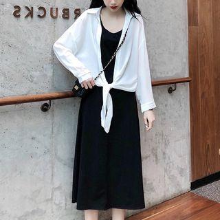Set: U-neck Sleeveless Midi A-line Dress + Chiffon Blouse
