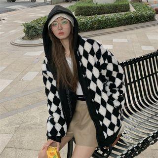 Argyle Hooded Single-breasted Fleece Jacket