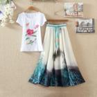 Set: Flower Embroidered Short Sleeve T-shirt + Printed Chiffon Midi Skirt