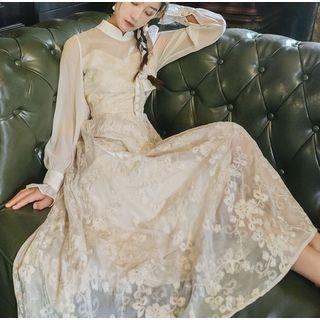 Long-sleeve Floral Embroidered Midi A-line Lace Dress